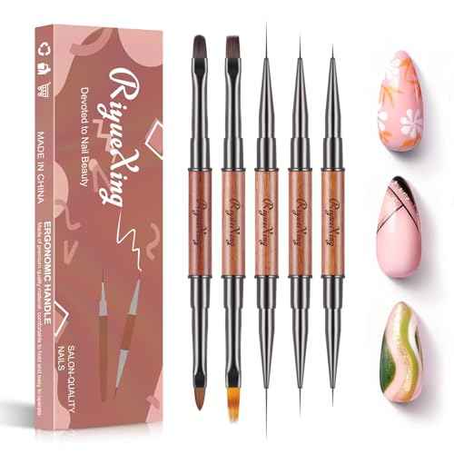 Nail Art Bushes Set - Professional 5Pcs Double-Ended Nail Brush for Art, Long Lines, Ombre & 3D Design Nail Brush Pen for Gel Polish Manicure DIY Home Salon
