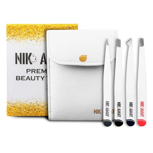4-Piece Tweezers Set for Women ? Precision Stainless Steel Eyebrow Tweezers with Slant, Pointed & Flat Tips for Ingrown Hair ? Professional Grooming Kit with Travel Case