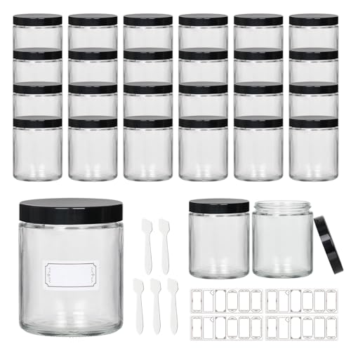 24 Pack 8 oz Glass Jars with lids, Clear Cosmetic Jars with Inner Liners and Black Lids, Lotion Jars, Candle Making Jars for Lotions, Scrubs and Cosmetic, Lables and Spatulas Include