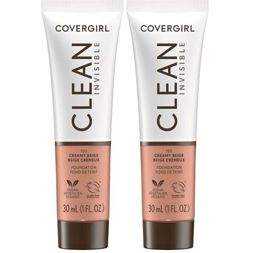 COVERGIRL Clean Invisible Foundation Makeup, Dewy & Glowy Natural Finish, Buildable Coverage, Skin-Like Smooth Look, Vegan, Creamy Beige, 1oz (Pack of 2)