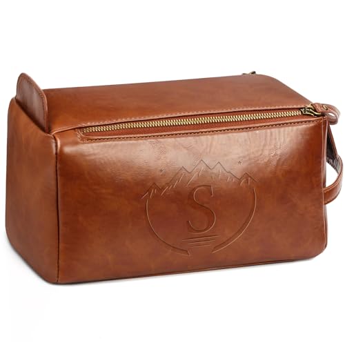Personalized Toiletry Bag for Men,Initial Mens Toiletry Bags for Traveling,Men Travel Toiletries Bag,PU Leather Shaving Bag for Toiletries Accessories kit,Brown S