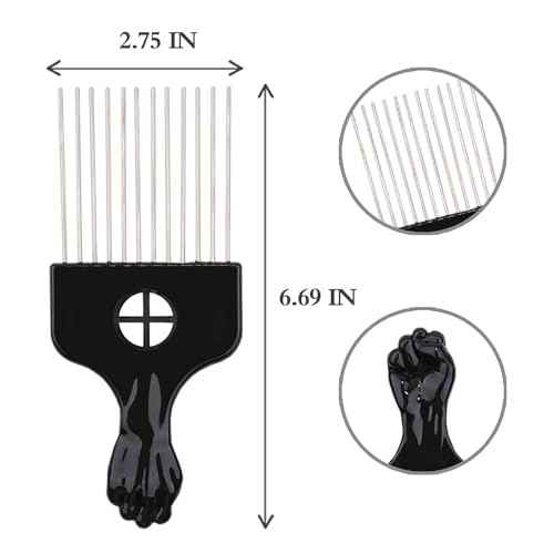 6Pcs Afro Picks Metal Hair Combs, Steel Teeth Hair Pick for Curly, Coily, Natural Hair, Detangling, Styling Comb for Men Women (Black)