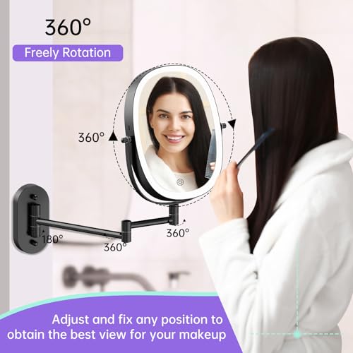 FUNTOUCH Wall Mounted Makeup Mirror with Light, Oval Rechargeable Double-Sided 7X/1X Magnifying Mirror, Vanity Mirror Dimmable 3 Color Light, 360¡Æ Extension Rotation Foldable 13.5 in