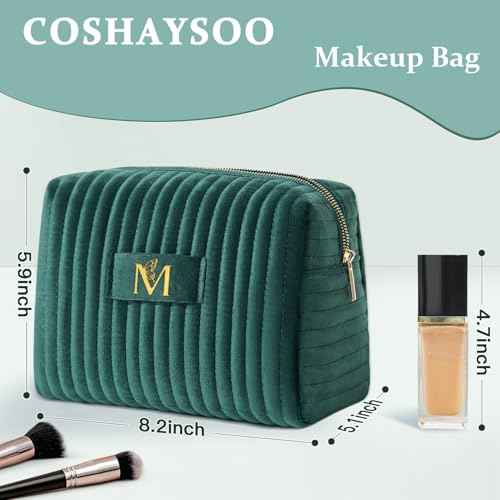 COSHAYSOO Personalized Fall Gifts for Women 30th 40th Birthday Unique New Mom Mother Wife Girlfriend Gift Ideas, Initial Quilted Makeup Bags Travel Green Cosmetic Velvet Skin Care Pouch Letter M