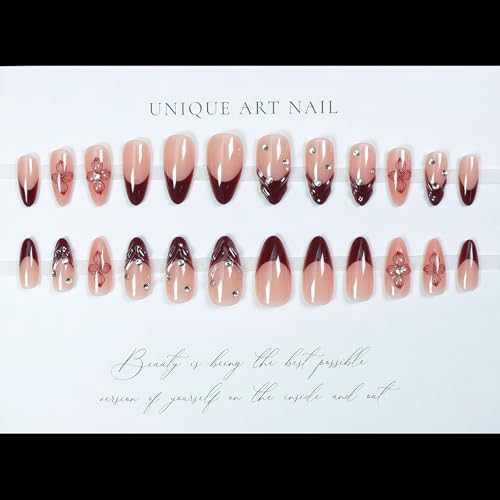 Medium Almond Red French Tip Press On Nails with Rhinestones - 24 Pcs