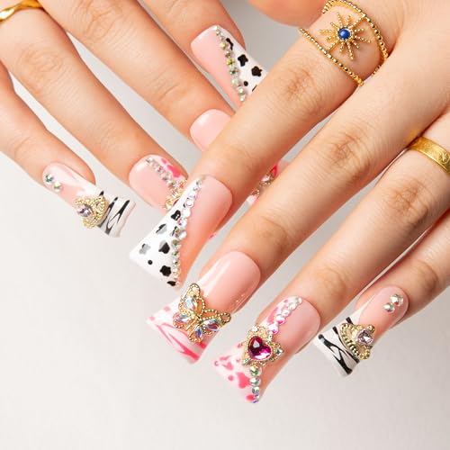 LOVFUL Press on Duck Nails Salon Quality Rolling Luxe Curve | Handmade Acrylic with Full Covered Crystals | Reusable Fake Nails | Duck Classic Regular 1.3 in | H144-M