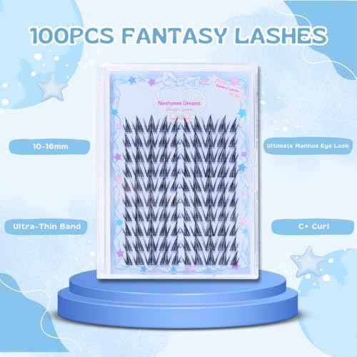 Ninetynine Dreams 100PCs Fantasy Lashes Manhua Anime DIY Spiky Lash Clusters 10-16mm C+ Curl Beginner Friendly Lightweight & Reusable Individual Waterproof Eyelashes Thin Comfortable Band