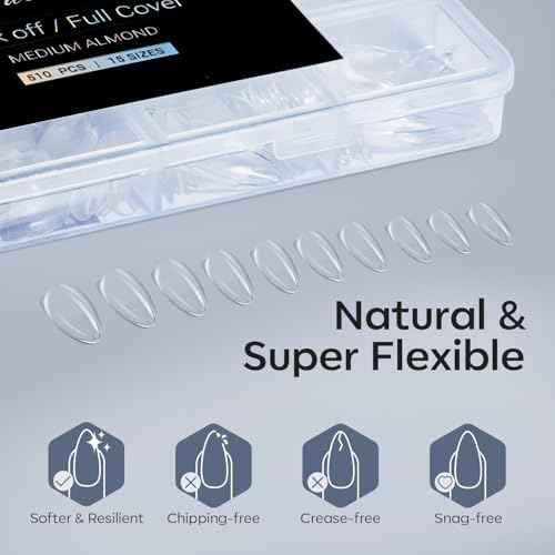 Modelones Almond Fake Nail Tips -510Pcs Medium Soft Gel Nail Tips Almond Shape Pre Etched Half Matte Full Cover Clear Acrylic Gel Kit False Press on for Extension Manicure Salon DIY at Home 15 Sizes