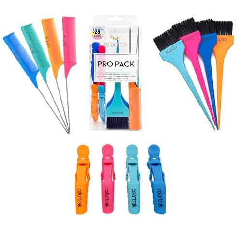 Colortrak Professional Hair Coloring Kit (12 Pieces), Color Like a Pro with 4 Extended Length Carbon Fiber Combs, 4 Feather Bristle Brushes, 4 Rubberized Croc Clips