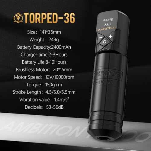 Ambition Torped 36mm Rotary Tattoo Pen Machine Kit, 5.5mm Stroke Brushless Motor Tattoo Gun with 1pc 2400mAh Kuark Battery Wireless Tattoo Power Supply Kit for Professional Tattoo Artists(Black)