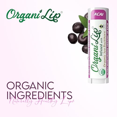 OrganiLip Organic Lip Balm, Acai Flavor, Ultra Hydrating Lip Moisturizer for Cracked or Dry Lips, Oval Shaped Tube, USDA Certified Organic, 3 Pack