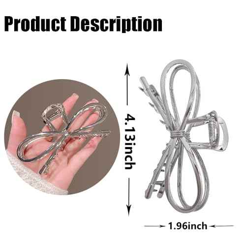 1Pcs Metal Silver Bow Hair Claw Clips - Large Fashion Hair Accessories for Women Girls, Strong Hold Alloy Elegant Jaw Grip Clips for Thin or Thick Hair Styling