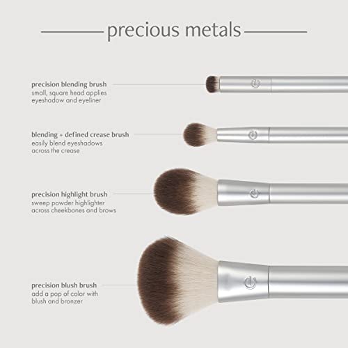 EcoTools Precious Metals Cheek & Eye Highlight Makeup Brush Kit, for Eyeshadow, Blush, & Powder Products, Eco Friendly, Cruelty Free Face Brushes, Recycled Aluminum, Chrome, 4 Piece Set