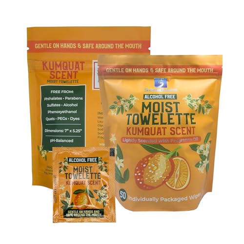 Individually Wrapped Hand Wipes, Alcohol-Free Wet Wipes For Sensitive Skin, Plant-Derived Hand & Face Cleansing, Kumquat Scented, Lunchbox & Travel Packets, 50 Pack - (Made In USA)
