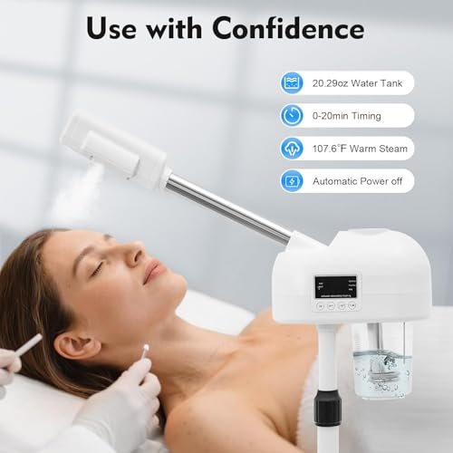 Professional Facial Steamer, Hot Mist Spray & Ozone, LCD Touch Screen & Timer Function, 600CC Large Capcity Water Jag, SPA at Home, White