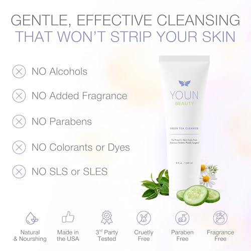 YOUN Beauty Green Tea Face Cleanser by Dr. Anthony Youn ? Paraben-Free, Hydrating Facial Cleanser with Aloe Vera, Chamomile & Cucumber Extracts ? Daily Face Wash for All Skin Types