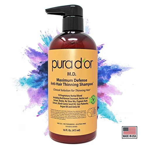 PURA D'OR MD Anti-Hair Thinning Shampoo w/ 0.5% Coal Tar, Biotin Shampoo (16oz) 19+ DHT Herbal Blend for Dry & Itchy Scalp, No Sulfates, For Men & Women (Packaging Varies)