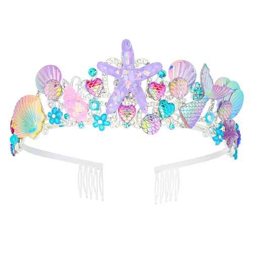 CAVETEE Mermaid Birthday Crown, Mermaid Rhinestones Tiara Mermaid Party Tiara Birthday Party Crown for Women, Party Favor Hair Accessories for Birthday Prom Theme Party Halloween, Pink