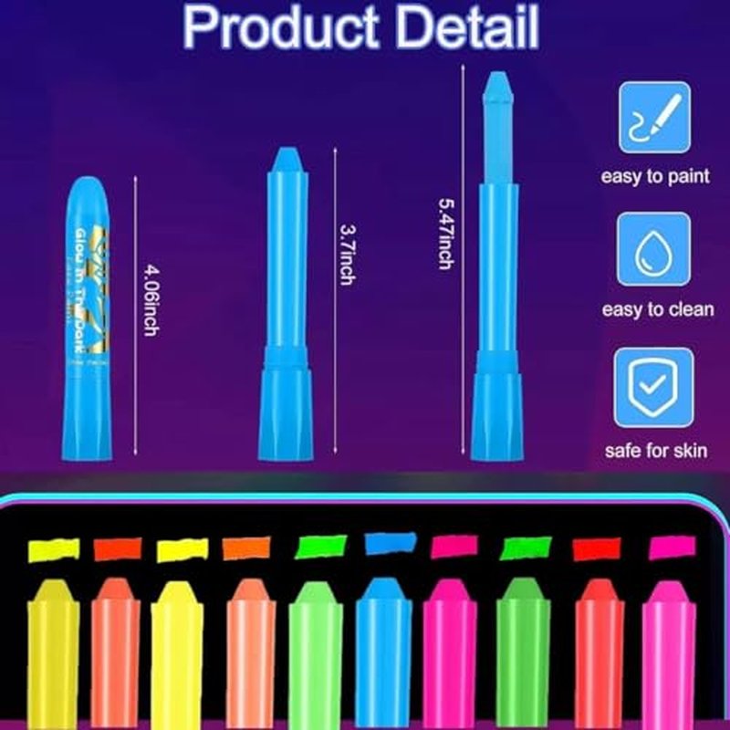 Neon Glow Face & Body Paint Kit - 10 Colors for UV Black Light