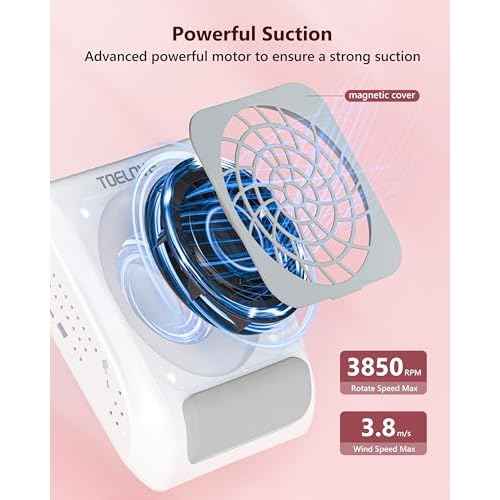 Upgraded Nail Dust Collector with Hand Rest, 10 Speeds, Reusable Filter, Quiet & Rechargeable, Professional Nail Fan Dust Tech Machine for Acrylic Gel Nails Polishing, Salon & Home, White