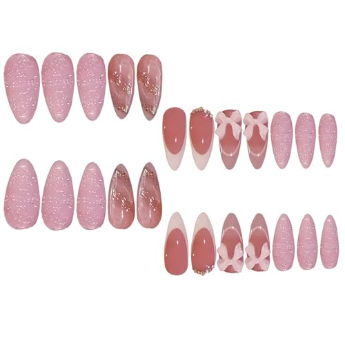 YIHONGYAN Style A13 Medium Almond Pink French Press-On Nails Kit with Charms, Full Cover Fake Nails for Women