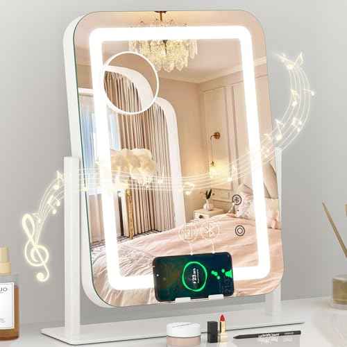Dripex 15"x12" LED Lighted Makeup Mirror with 12V 2A Wireless Charging Bluetooth Speaker Makeup Vanity Mirror with Lights 3 Colors Dimmable Touch Keys Phone Holder 10X Magnification for Vanity Desk