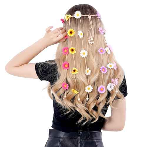 Sucrain 2pcs Flower Hippie Headband Floral Crown Summer Sunflower Hair Accessories for 70 s Bohemian Costumes Style (Yellow+Colorful)
