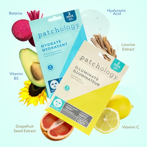 Patchology Hydrating Sheet Masks - Weekend Travel Skincare Essentials - Hyaluronic Acid Masks with Revitalizing Serum, Licorice Root Extract Skincare - Ultimate Hydration & Radiance (4 Masks)