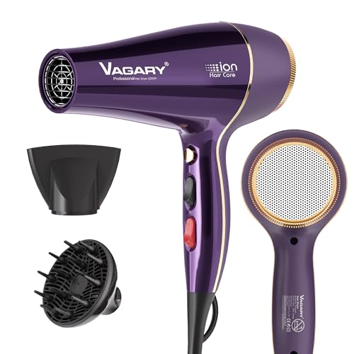 VAGARY Purple 2200W Hair Dryer with Diffuser & Concentrator, 2 Speeds 3 Heat, Cool Shot