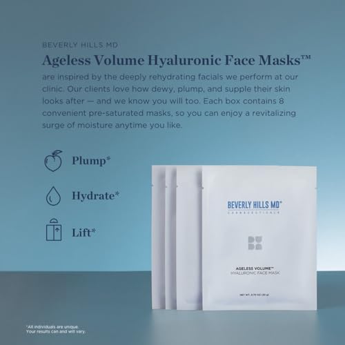 Beverly Hills MD Ageless Volume Hyaluronic Face Mask- Reduce Appearance of Wrinkles, Anti Aging Formula for Plump, Moisturized Skin- 8 Pack- Hydrating & Firming Gentle Sheet Mask