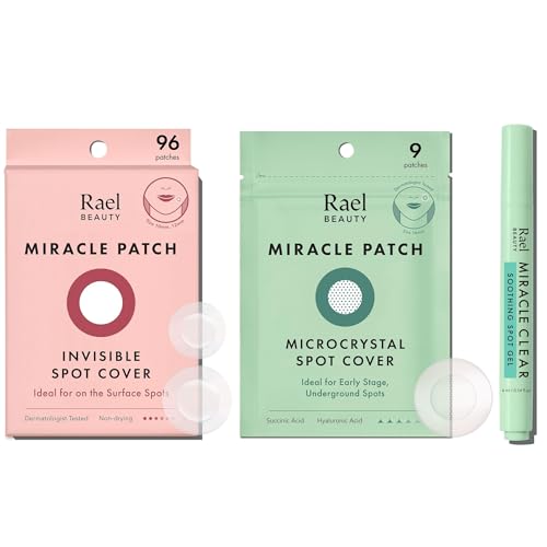 Rael Pimple Patches - Invisible Spot Cover (96 Count), Miracle Clear Soothing Acne Spot Gel (0.14oz), Microcrystal Spot Cover (9 Count)