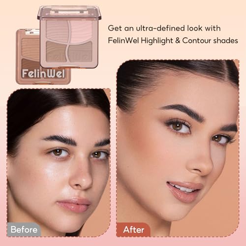 FelinWel Highlight Contour Makeup Palette Effortless Blending Matte Shimmer Highlighter Palette and Bronzer Powder for Warm Toned Skin