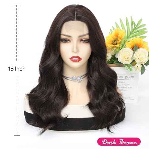 18 Inch Dark Brown Wig for Women, Middle Part Medium Length Wavy Synthetic Hair Wig, Upgraded Strands Natural Hairline Design for Daily Party Halloween(Dark Brown,18 Inch)