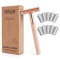 Safety Razor for Men & Women - Double Edge Single Blade Razor with 10 Blades, Reusable One Blade Razor for Close Shave (Mens & Womens Razor, Eco-Friendly)-Rose gold