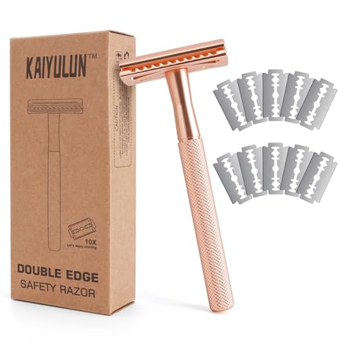 Safety Razor for Men & Women - Double Edge Single Blade Razor with 10 Blades, Reusable One Blade Razor for Close Shave (Mens & Womens Razor, Eco-Friendly)-Rose gold