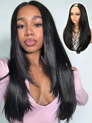 Yaki Straight U Part Wig 24" Clip-In Glueless Heat Resistant Natural Black