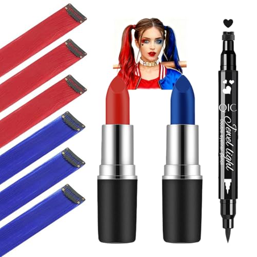 Mysense Halloween Costume Accessories for Adults Women Cosplay Makeup, Red and Blue Clip in Hair Extensions + Face Body Paint Stick + Black Liquid Eyeliner Stamp Makeup Kit