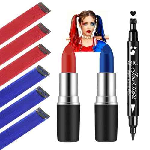 Mysense Halloween Costume Accessories for Adult Women Girls Kids Cosplay Makeup, Red and Blue Clip in Hair Extensions + Face Body Paint Stick + Black Liquid Eyeliner Stamp Makeup Kit