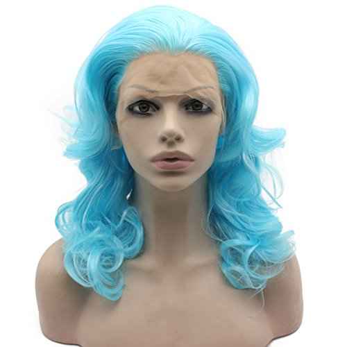 MX angel Medium Long Shoulder Length Wavy Light Blue Lace Front Costume Party Wig