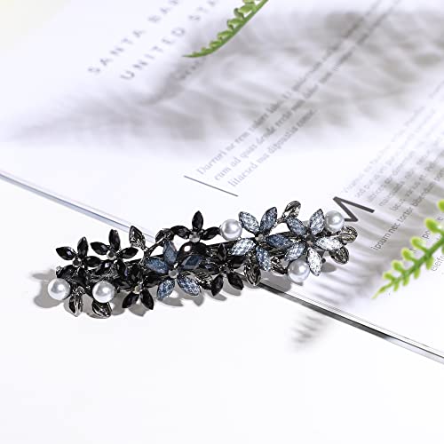 Flower Rhinestone Hair Barrettes for Women Fine Hair Glitter Sparkle Fancy Hair Clips for Women And Girls Elegant Pearl Barrettes (Black&Blue)