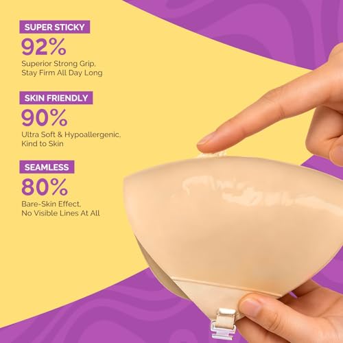 Invisible Sticky Bra Push Up - Reusable Silicone, B Cup, Beige (2 Pack)