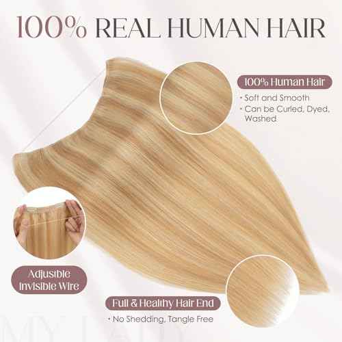 MY-LADY Halo Hair Extensions Real Human Hair for Women Ash Blonde & Bleach Blonde Clip in Remy Hairpiece with Adjustable Invisible Wire 16 Inch 65G