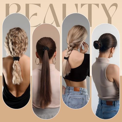 Premium Black Silk Satin Hair Ties Scrunchies - 8 PCS Gift Box
