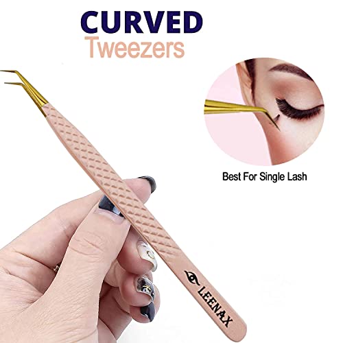 Eyelash Extension Tweezers Fiber Tip (Anti – Slip) Set of 2 pieces straight & curved with Diamond Grip, Rainbow Colour,14cm, volume Tweezers, Lash Extension Precision tweezers. (Multi)