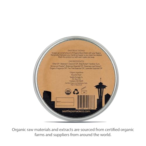 Seattle Pomade Co. Certified Organic Beard Balm made with Organic Beeswax. Strengthens & Softens Beards & Mustaches. Globally sourced certified organic materials.