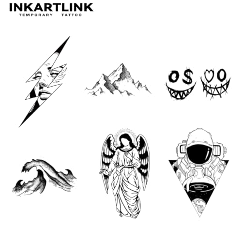 INKARTLINK Tattoo Tech,6 Sheets Small Semi Permanent Tattoo, Temporary Tattoos Adult, Last 1-2 Weeks, Waterproof, Realistic look, No Adhesive, No reflection (Lightning, Mountain Range）