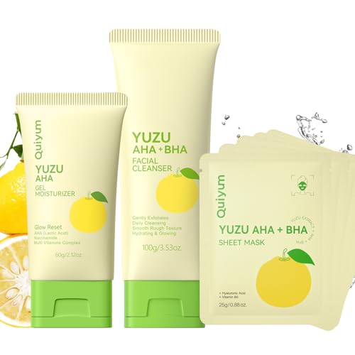 Yuzu AHA BHA Skincare Set for Teens & Young Women - 3.53oz Foaming Cleanser + 5 PCS Exfoliating Sheet Masks + 2.12oz Hydrating Gel Moisturizer | Gentle Exfoliation, Oil Control & Glowing Skin