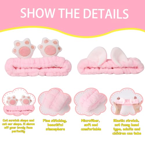 NENMATTE Cat Ears Spa Headband Plush Cat Paw Makeup Headband for Women Girl,Fluffy Wash Face Hair Bands Cartoon Cute Headbands 2 Pcs Microfiber Soft Coral Fleece Skincare Hair Bands…