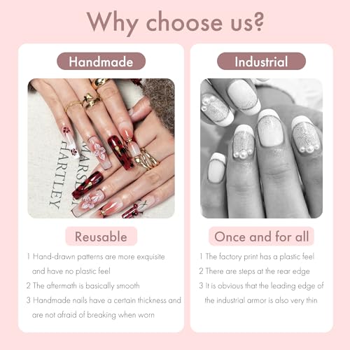 Rouge Sonata 10pcs Press On Nails for Women, Crimson Floral Golden Accent Acrylic UV Gel Wearable Nails, Korean Style Wine Red Gradient Cherry Blossom Fake Nails Set (Dark red, L)