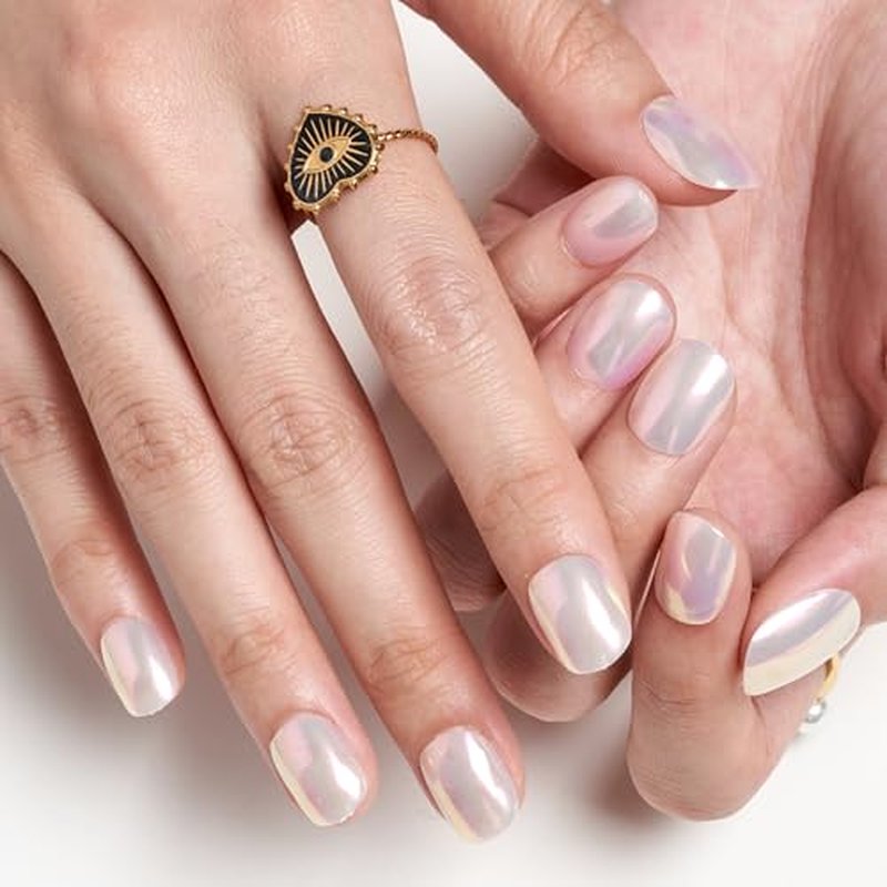 GLAMERMAID Pure White Pearl Chrome Short Press-on Nails